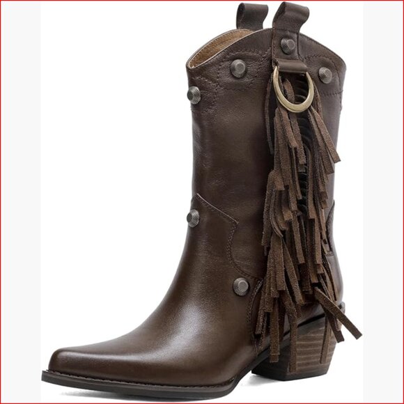 Shoes - Pointed Toe Ankle Boots With Chunky Heel Slip-On Leather Western Style